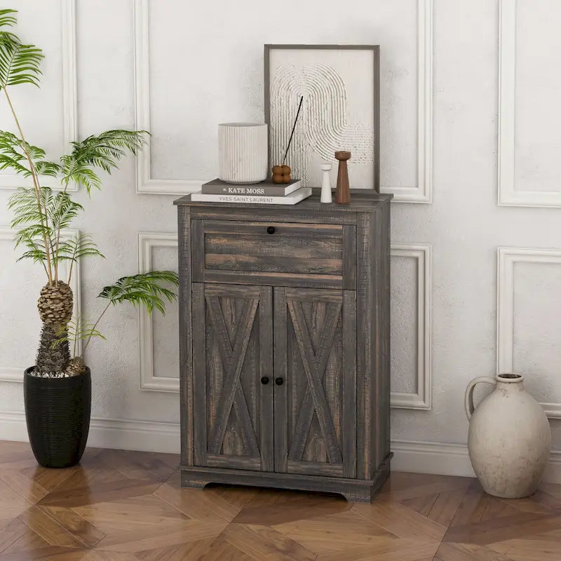 Meuble de rangement pour ferme avec portes de grange, buffet de cuisine avec portes doubles, tiroir et étagère réglable
