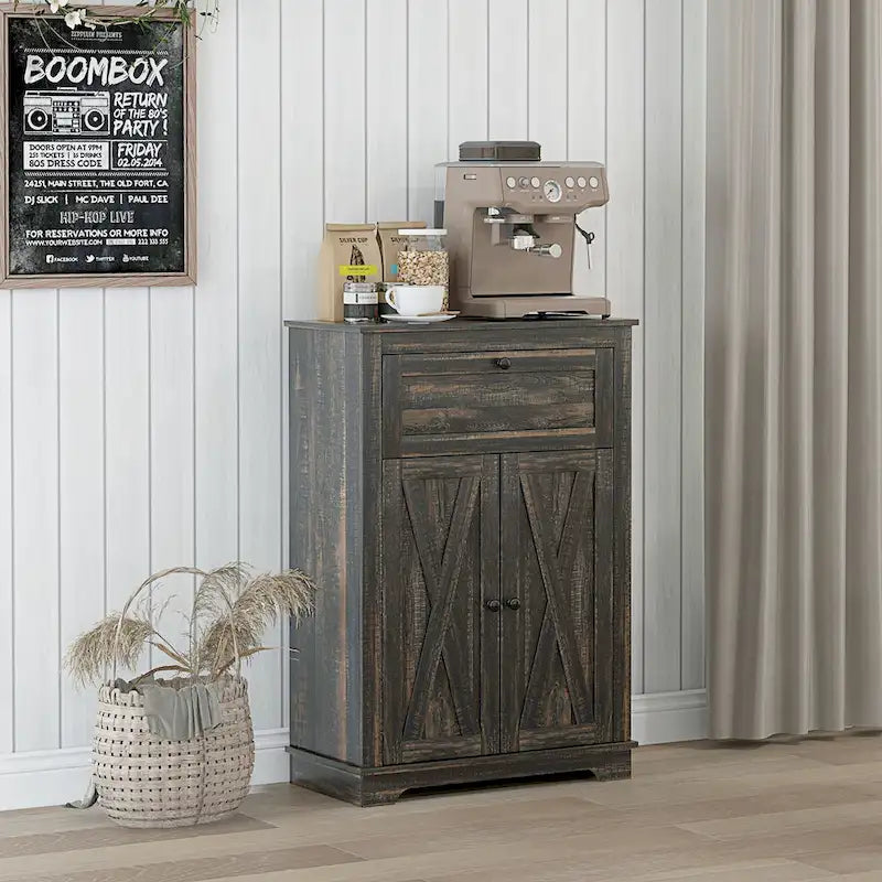 Meuble de rangement pour ferme avec portes de grange, buffet de cuisine avec portes doubles, tiroir et étagère réglable