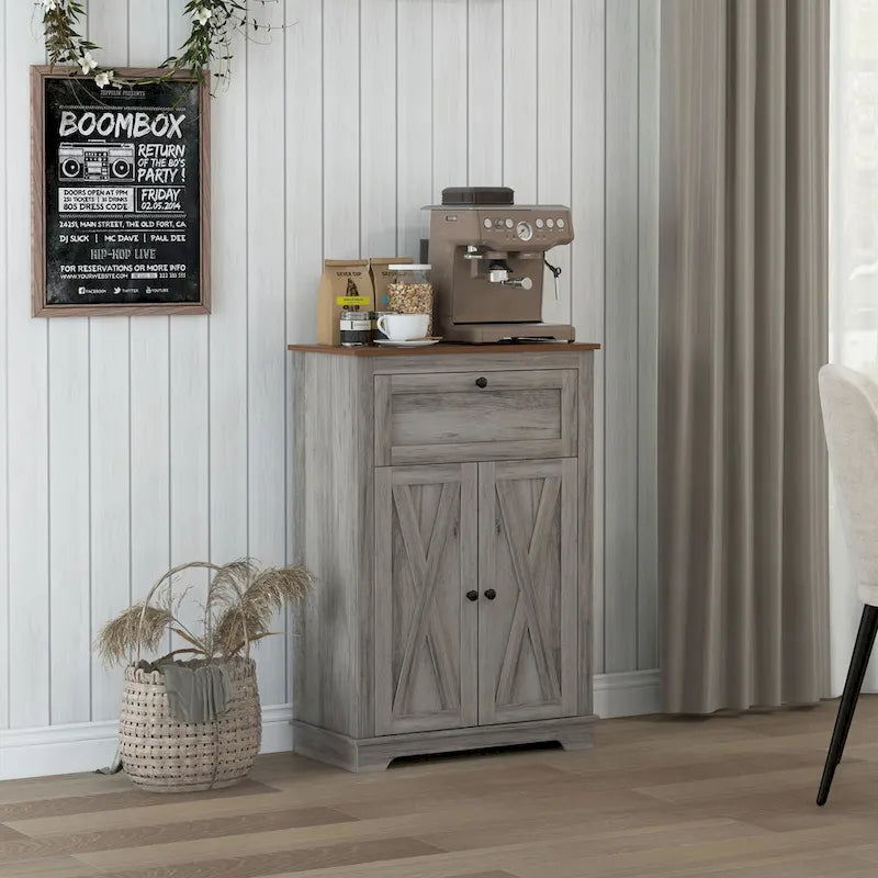 Meuble de rangement pour ferme avec portes de grange, buffet de cuisine avec portes doubles, tiroir et étagère réglable