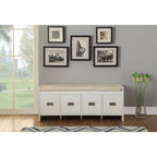 Banc avec rangement en tissu beige et finition blanche