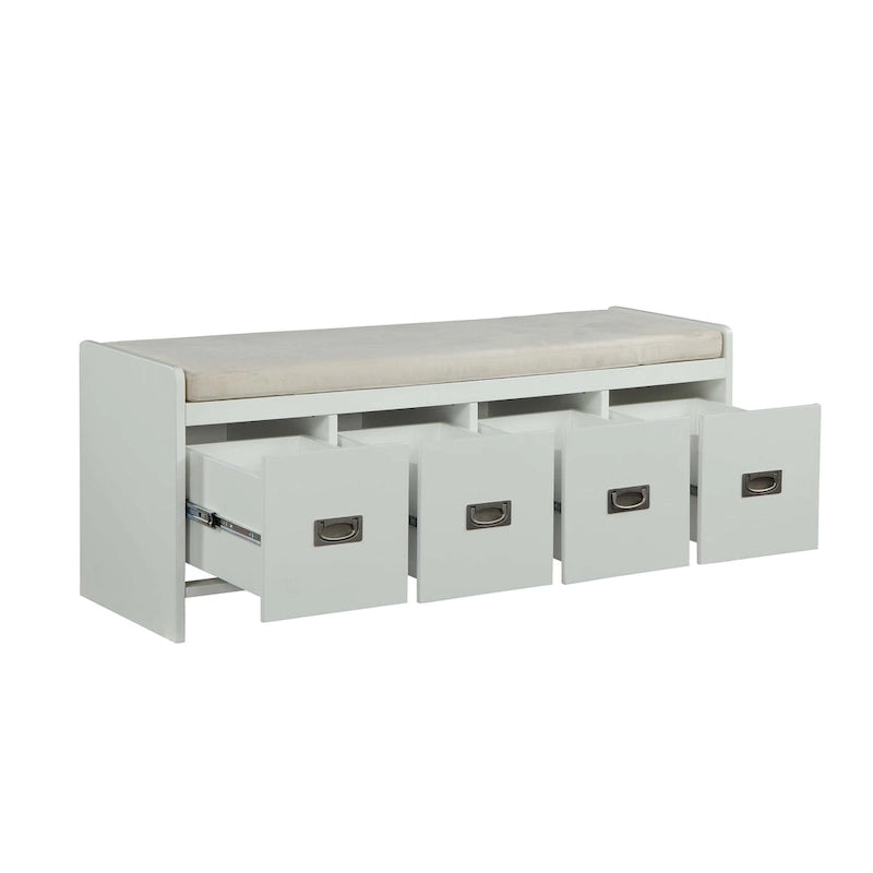 Banc avec rangement en tissu beige et finition blanche