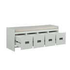 Banc avec rangement en tissu beige et finition blanche