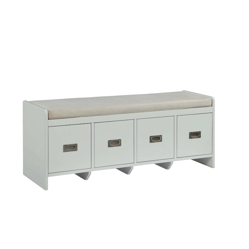 Banc avec rangement en tissu beige et finition blanche