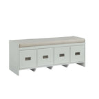 Banc avec rangement en tissu beige et finition blanche