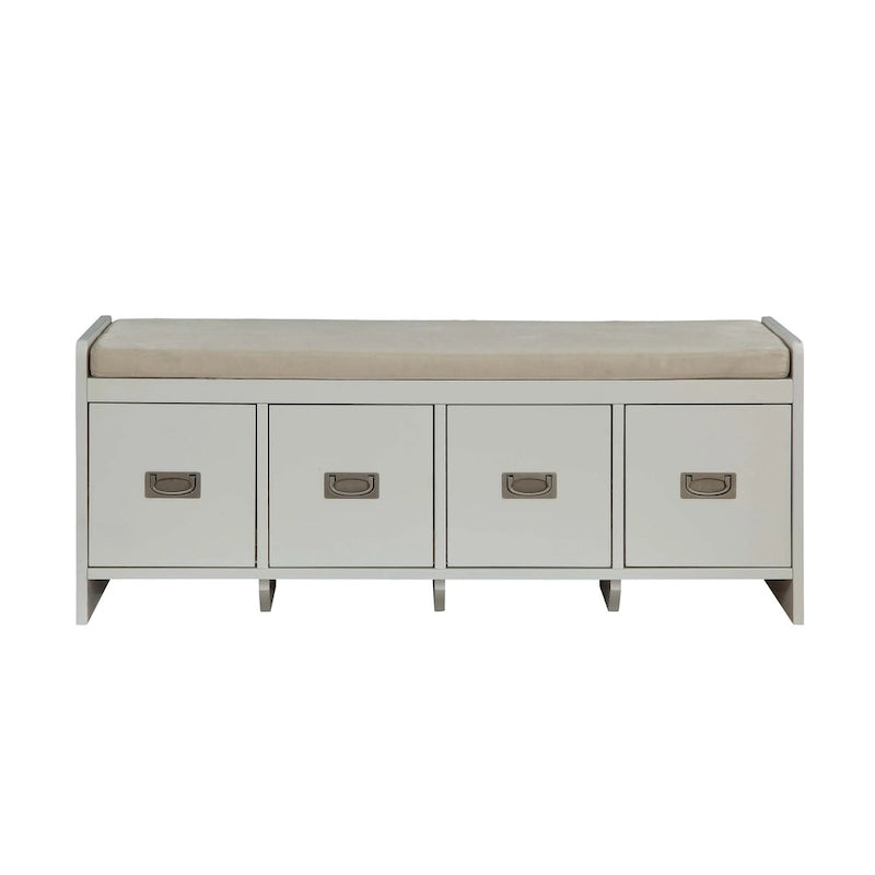 Banc avec rangement en tissu beige et finition blanche