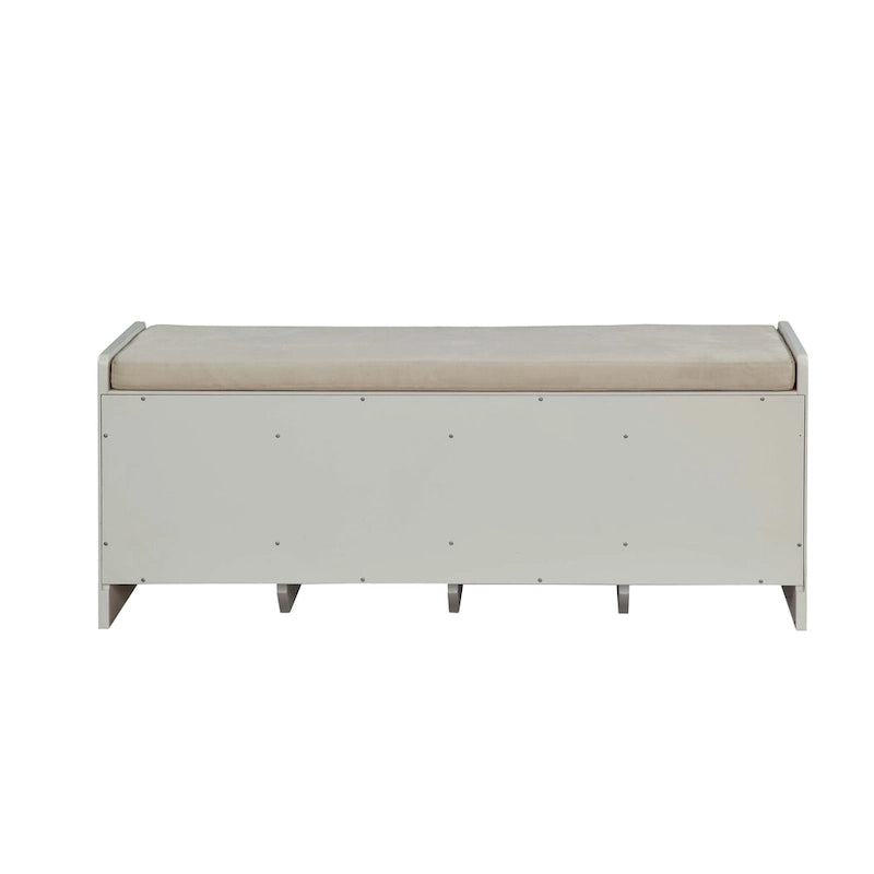 Banc avec rangement en tissu beige et finition blanche