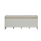 Banc avec rangement en tissu beige et finition blanche