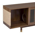 Meuble TV moderne avec niche pour chat, meuble TV avec porte coulissante en verre, console multimédia rabattable