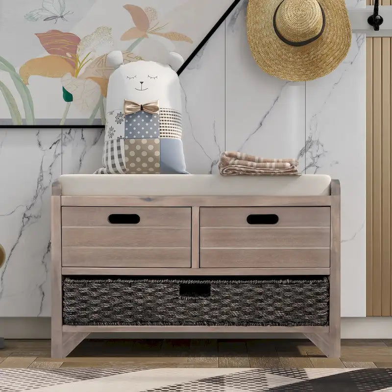 Banc de rangement avec panier amovible et 2 tiroirs