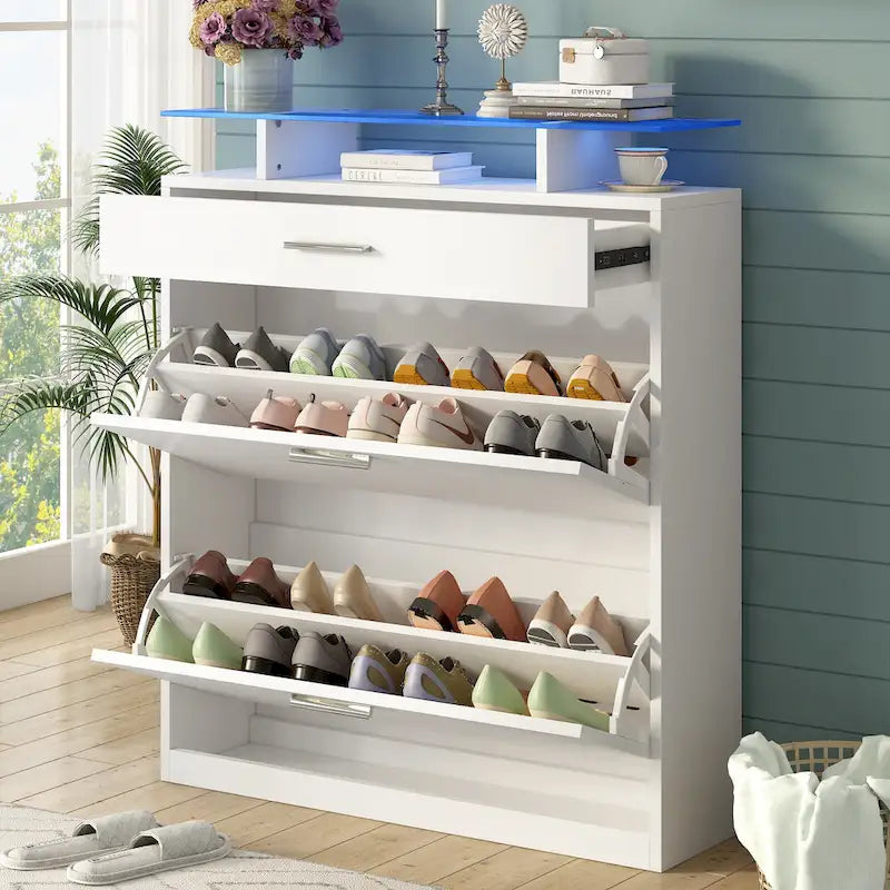 Meuble à chaussures avec tiroir et plateau en verre trempé