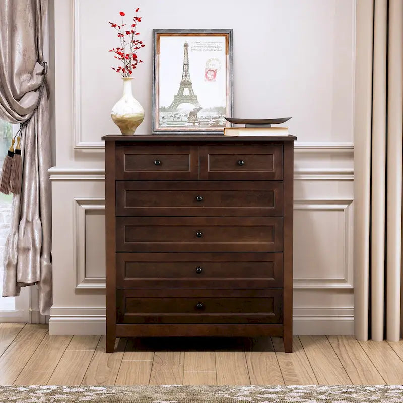 Meuble d'appoint moderne de 109 cm en bois massif avec 6 tiroirs et poignées rondes rétro