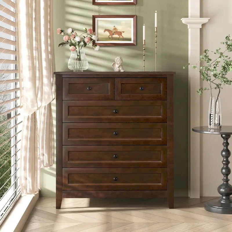 Meuble d'appoint moderne de 109 cm en bois massif avec 6 tiroirs et poignées rondes rétro