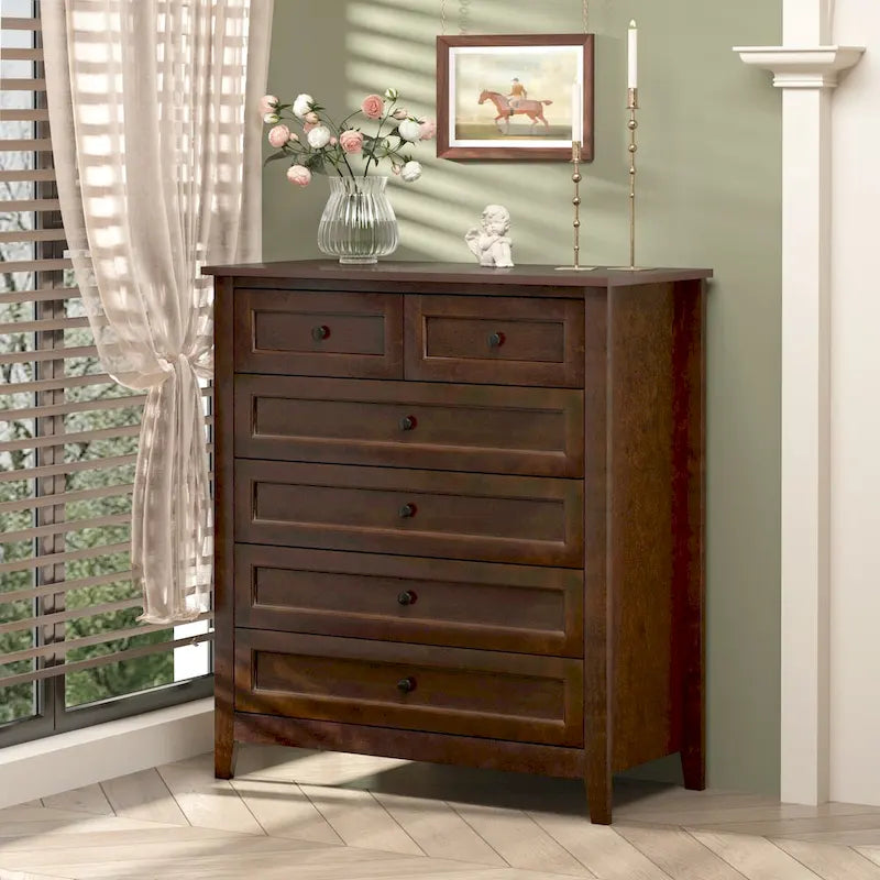 Meuble d'appoint moderne de 109 cm en bois massif avec 6 tiroirs et poignées rondes rétro