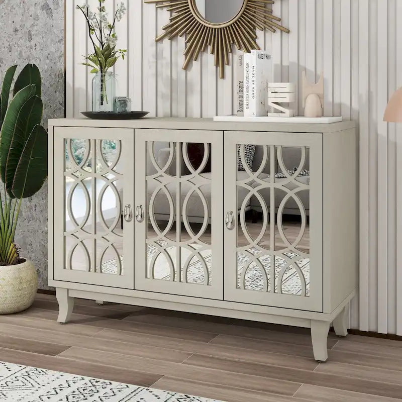 Buffet avec portes en verre, buffet miroir à 3 portes avec poignée argentée - N/A