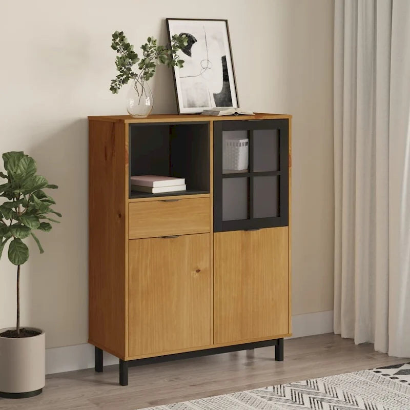 vidaXL Highboard with Glass Door FLAM 36.2x15.7x48.2 Solid Wood Pine - 36.2 x 15.7 x 48.2