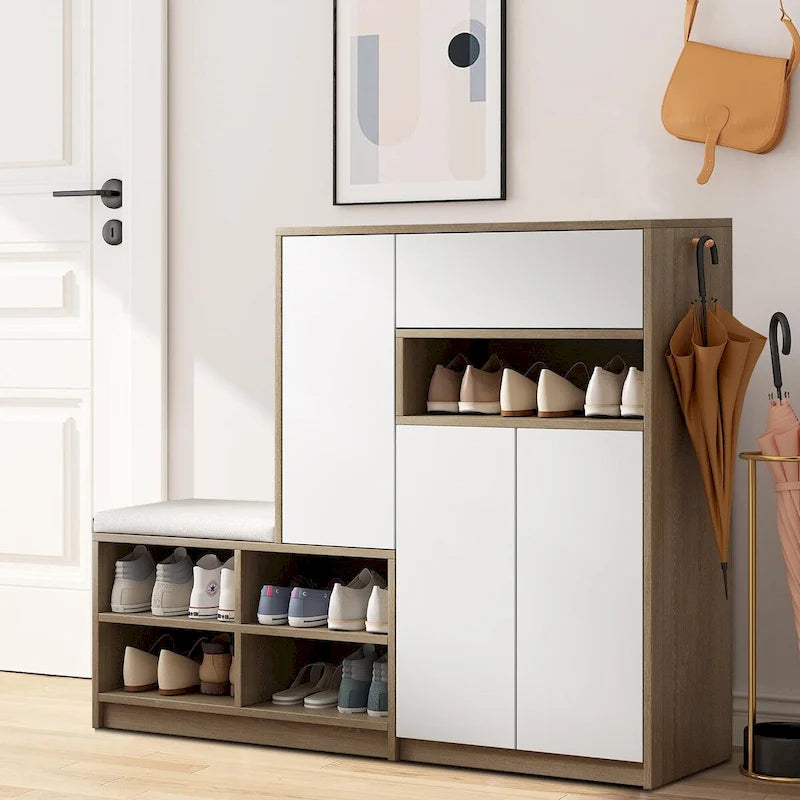 Meuble à chaussures vintage minimaliste en bois avec banc intégré