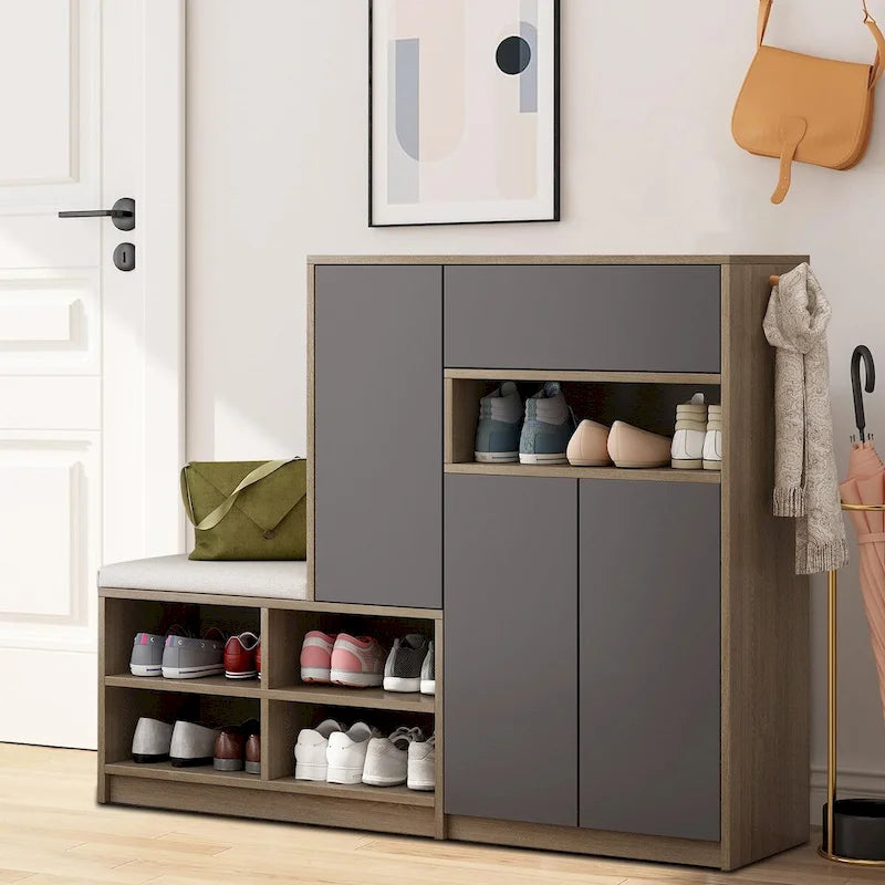 Meuble à chaussures vintage minimaliste en bois avec banc intégré