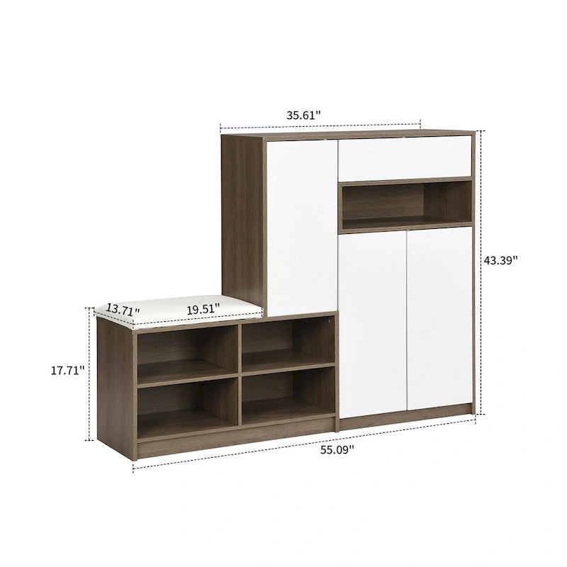 Meuble à chaussures vintage minimaliste en bois avec banc intégré