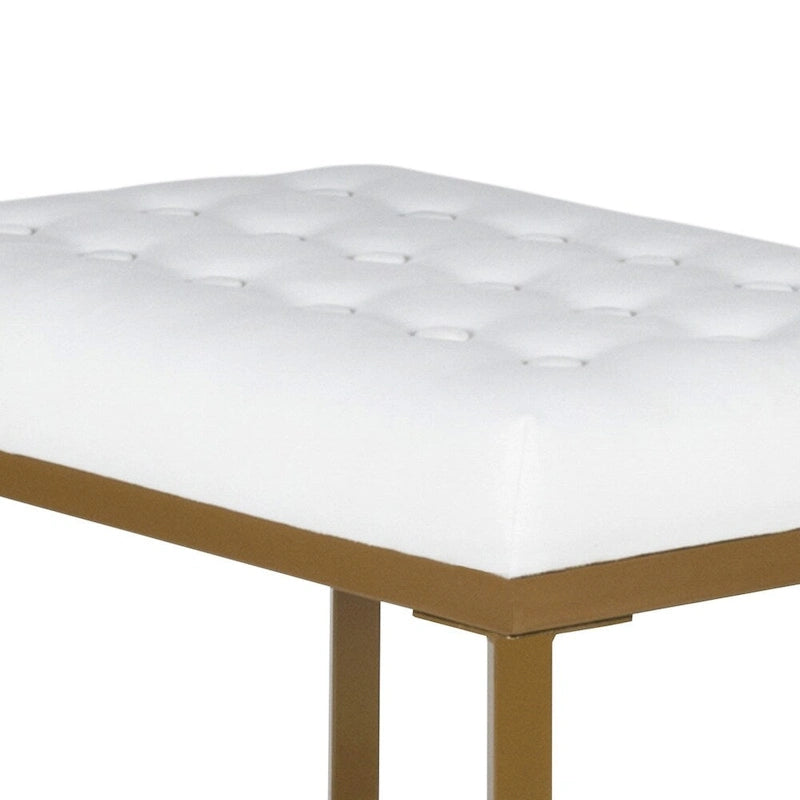 Banc à cadre métallique avec assise tapissée en velours capitonné, blanc et or