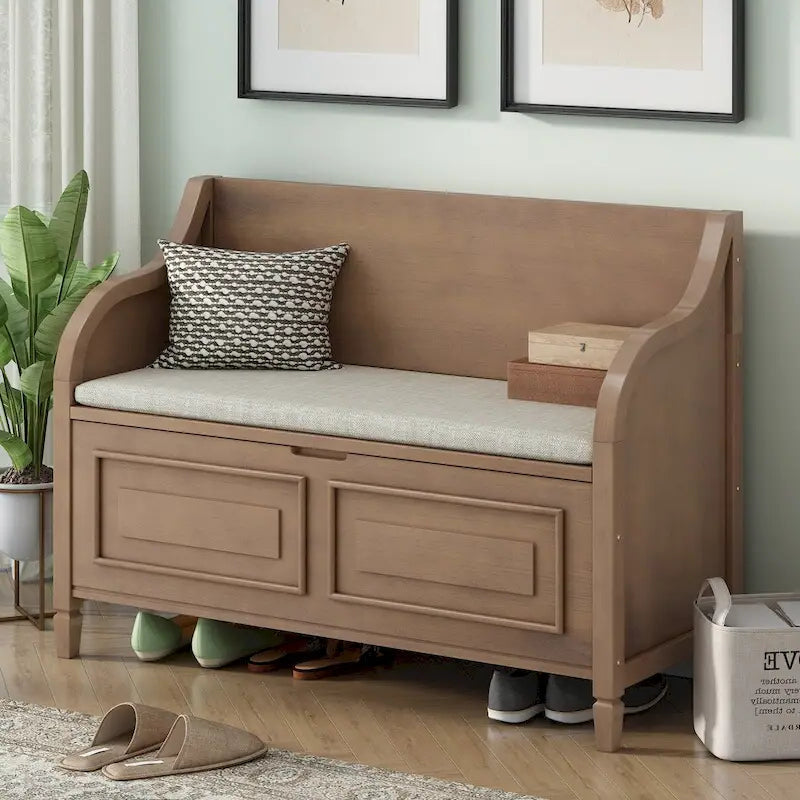 Banc de rangement multifonctionnel en bois massif de style rustique pour entrée avec charnière de sécurité