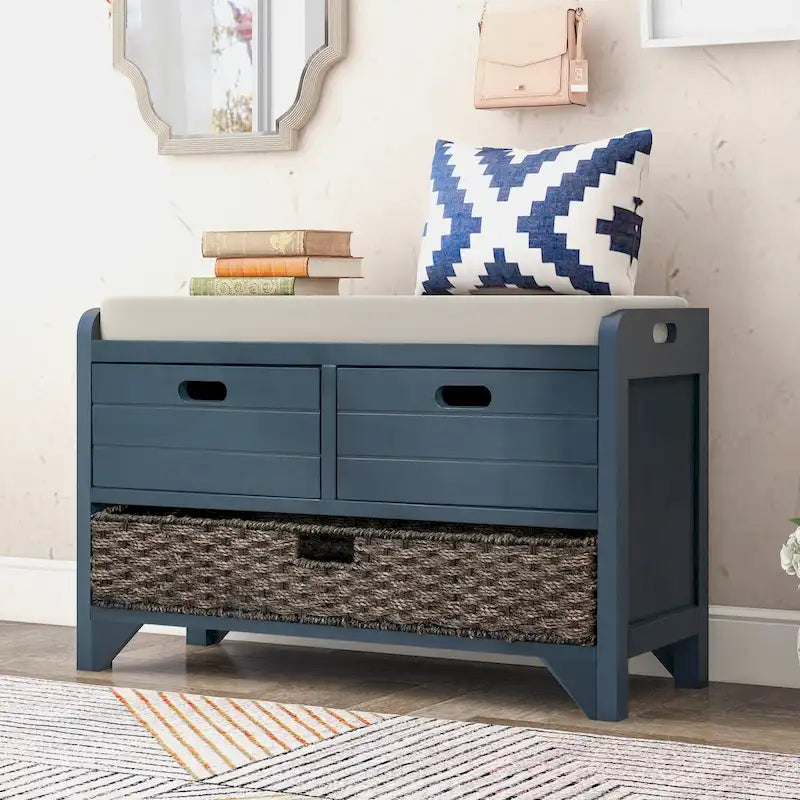 Banc de rangement avec panier amovible et 2 tiroirs, banc à chaussures entièrement assemblé avec coussin amovible
