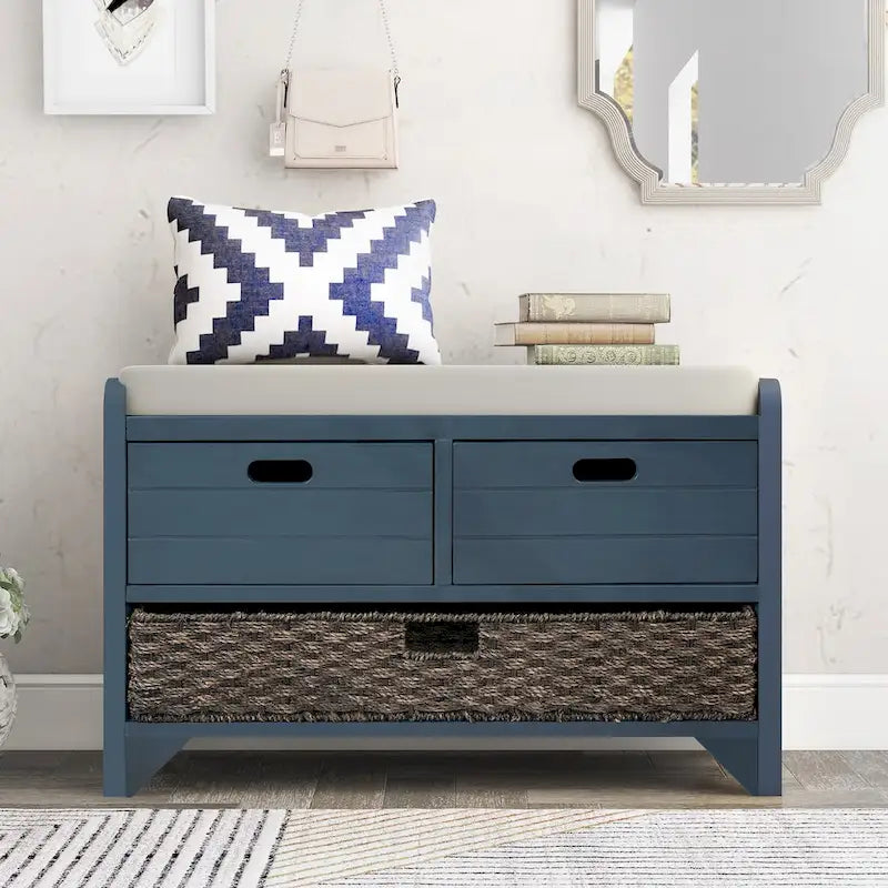 Banc de rangement avec panier amovible et 2 tiroirs, banc à chaussures entièrement assemblé avec coussin amovible