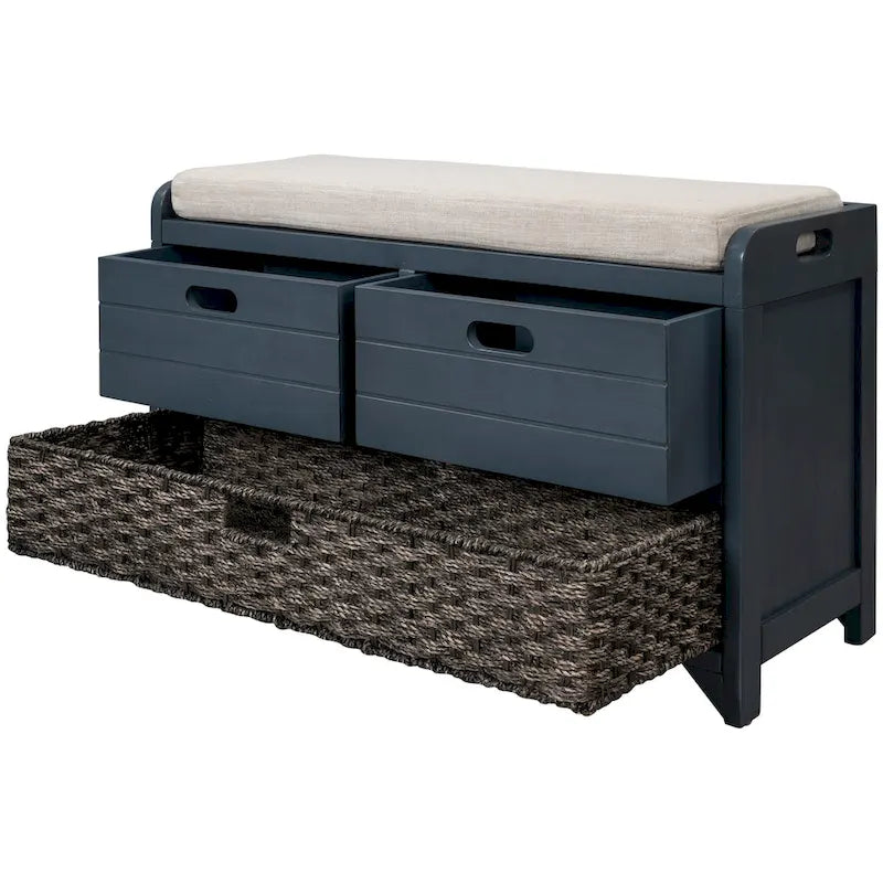 Banc de rangement avec panier amovible et 2 tiroirs, banc à chaussures entièrement assemblé avec coussin amovible