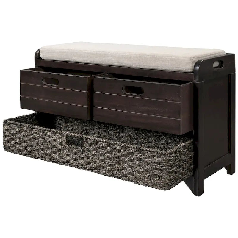 Banc de rangement avec panier amovible et 2 tiroirs, banc à chaussures entièrement assemblé avec coussin amovible