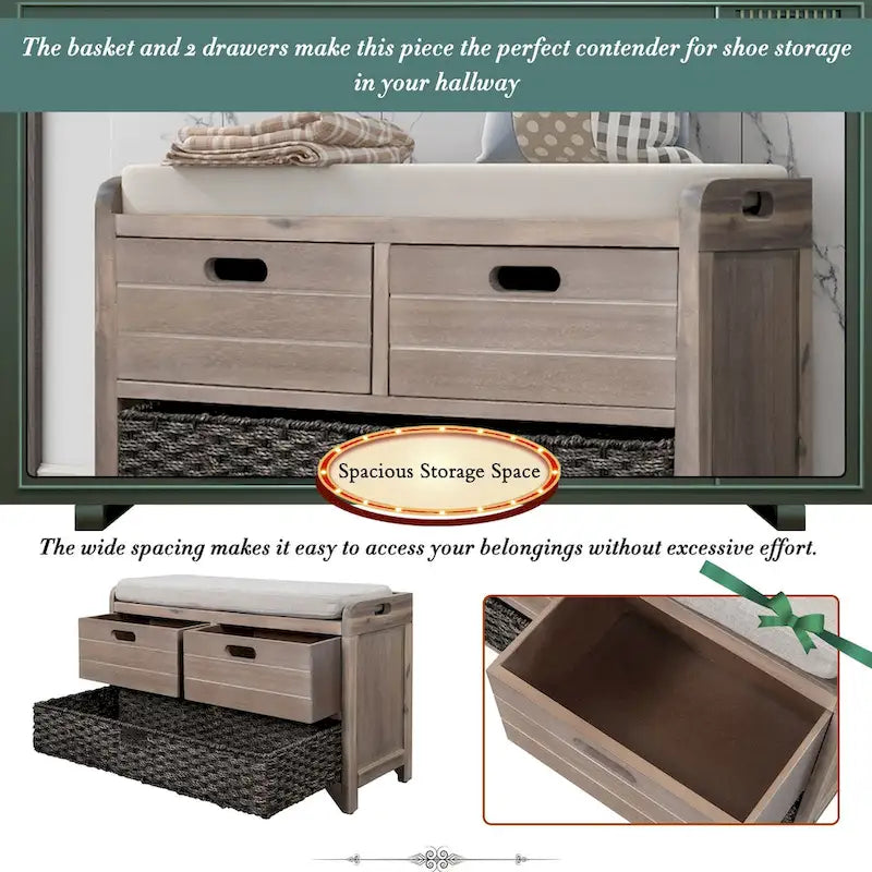 Banc de rangement avec panier amovible et 2 tiroirs, banc à chaussures entièrement assemblé avec coussin amovible