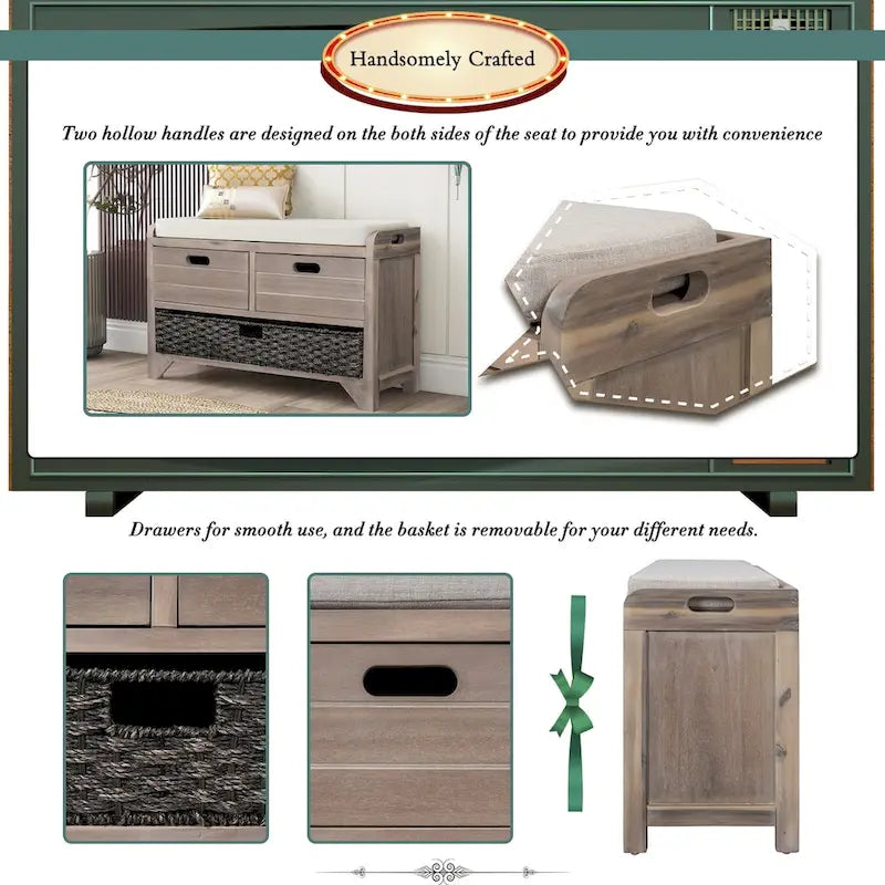 Banc de rangement avec panier amovible et 2 tiroirs, banc à chaussures entièrement assemblé avec coussin amovible