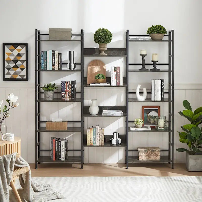 Bibliothèque à 5 étagères, style industriel rétro en bois, pour la maison et le bureau, grande bibliothèque ouverte