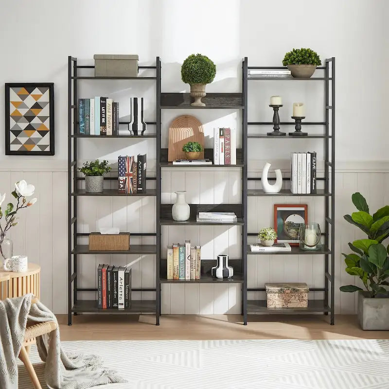 Triple Wide 5-shelf Bookshelves Industrial Retro Wooden Style Home and Office Large Open Bookshelves