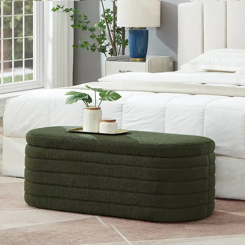 Banc ottoman de rangement ovale moderne, banc de bout de lit en tissu Boucle Teddy avec rangement, tabouret de bout de lit avec charnière de sécurité