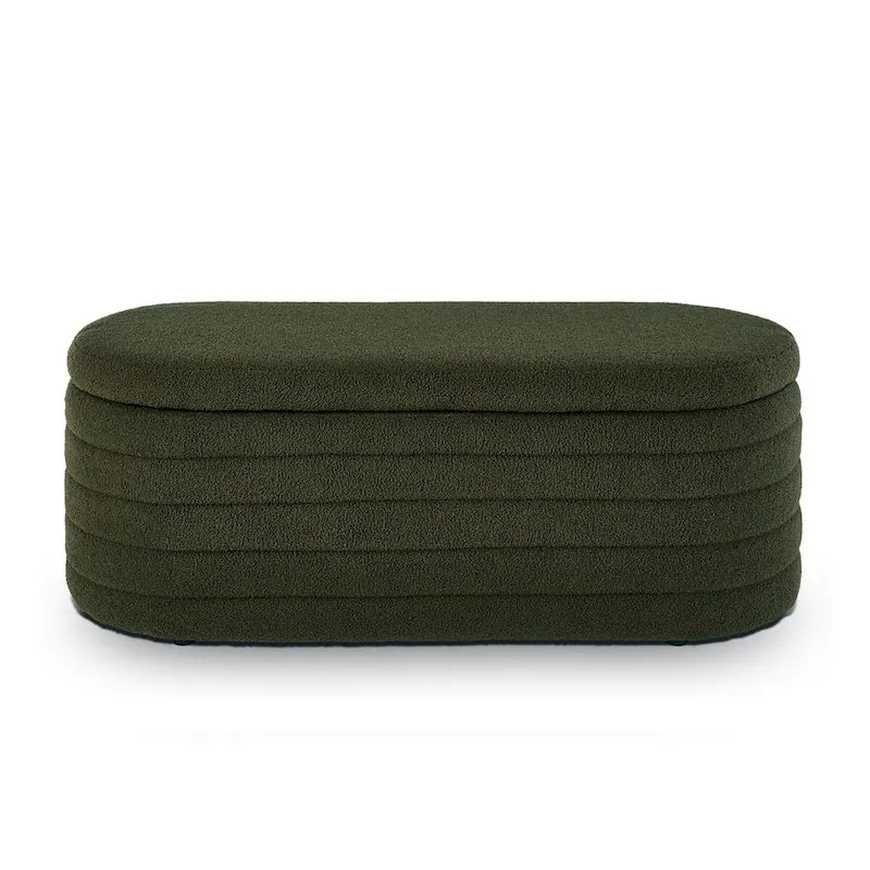 Banc ottoman de rangement ovale moderne, banc de bout de lit en tissu Boucle Teddy avec rangement, tabouret de bout de lit avec charnière de sécurité