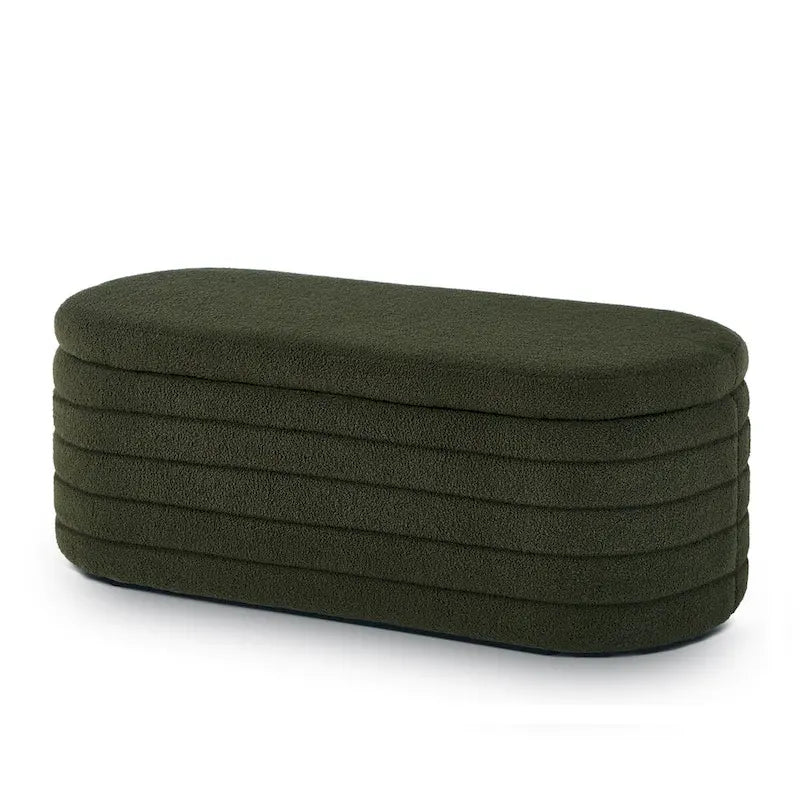 Banc ottoman de rangement ovale moderne, banc de bout de lit en tissu Boucle Teddy avec rangement, tabouret de bout de lit avec charnière de sécurité