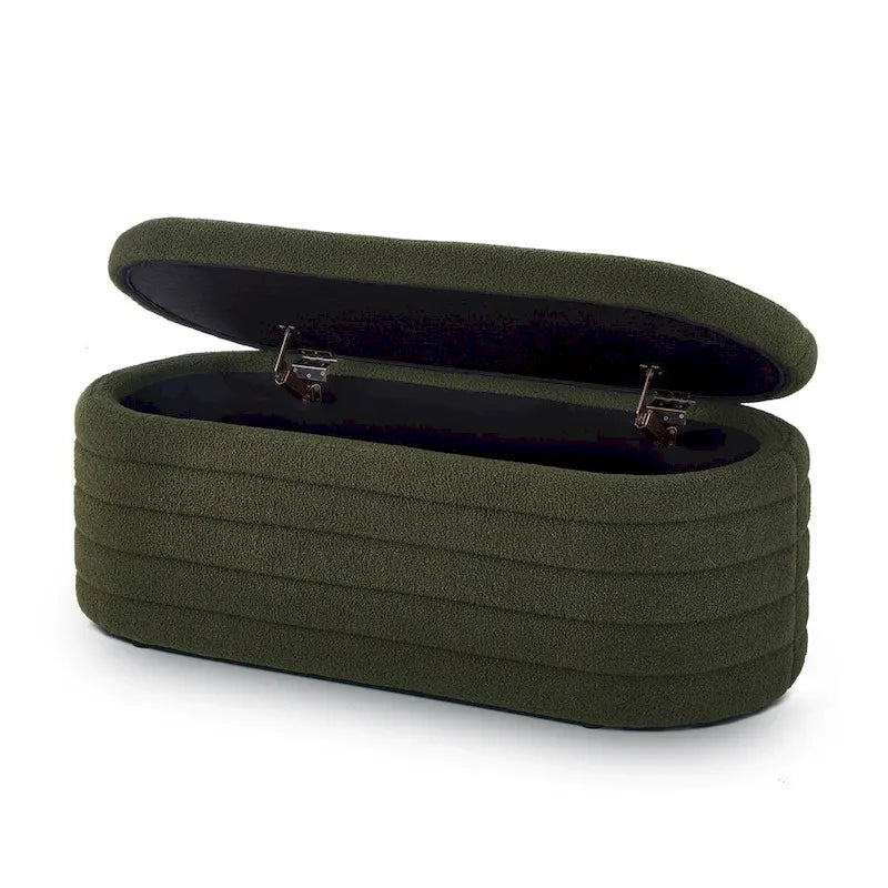 Banc ottoman de rangement ovale moderne, banc de bout de lit en tissu Boucle Teddy avec rangement, tabouret de bout de lit avec charnière de sécurité