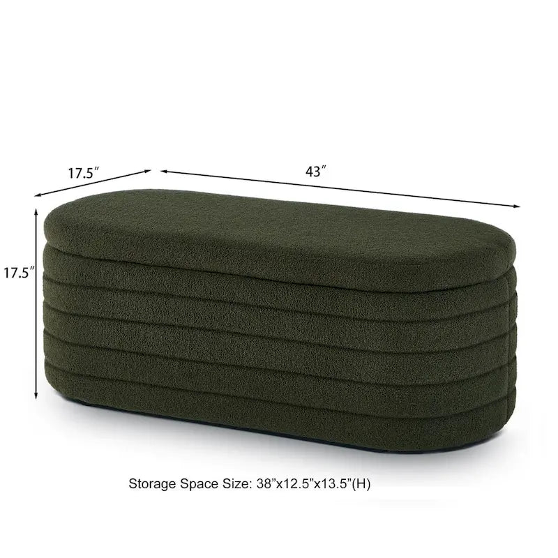 Banc ottoman de rangement ovale moderne, banc de bout de lit en tissu Boucle Teddy avec rangement, tabouret de bout de lit avec charnière de sécurité