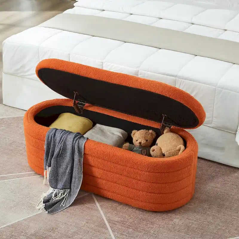 Banc ottoman de rangement ovale moderne, banc de bout de lit en tissu Boucle Teddy avec rangement, tabouret de bout de lit avec charnière de sécurité