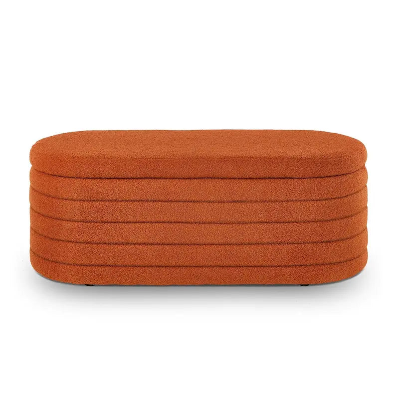Banc ottoman de rangement ovale moderne, banc de bout de lit en tissu Boucle Teddy avec rangement, tabouret de bout de lit avec charnière de sécurité