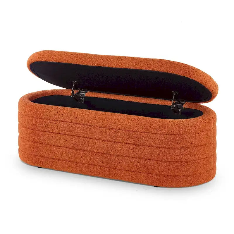 Banc ottoman de rangement ovale moderne, banc de bout de lit en tissu Boucle Teddy avec rangement, tabouret de bout de lit avec charnière de sécurité