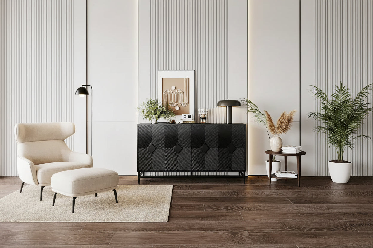 Bahut laqué noir à 4 portes en bois, meuble de rangement pour salon, bureau, cuisine