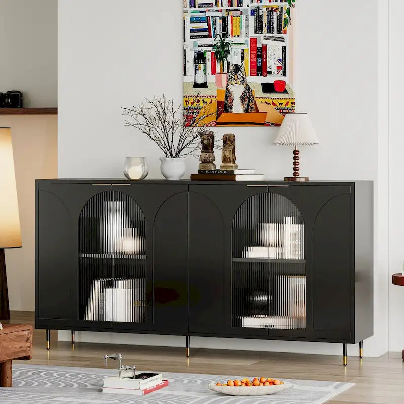 Bahut laqué noir à 4 portes en bois, meuble de rangement pour salon, bureau, cuisine