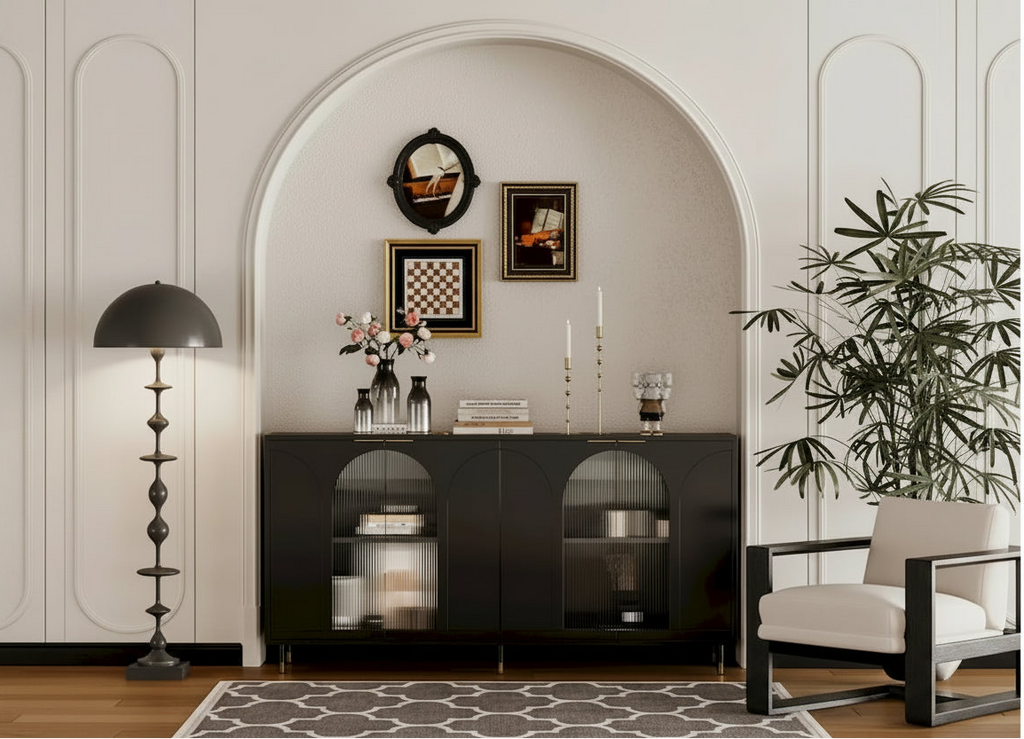Bahut laqué noir à 4 portes en bois, meuble de rangement pour salon, bureau, cuisine