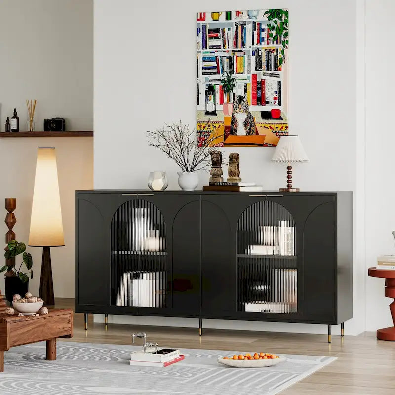 Bahut laqué noir à 4 portes en bois, meuble de rangement pour salon, bureau, cuisine