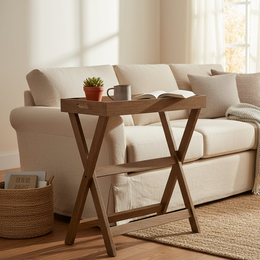 Plateau de service en bois avec support 30 x 32 Plateau TV marron Support décoratif rustique contemporain ou affichage de rangement - 30 x 15 x 32
