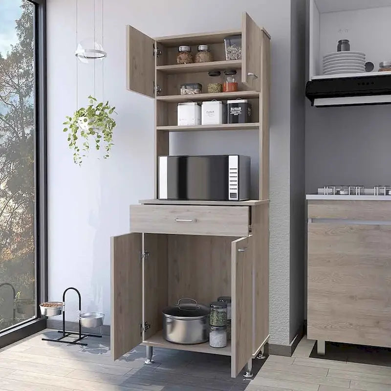 Meuble de rangement pour garde-manger avec deux portes doubles, finition gris clair