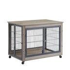 Table d'appoint cage pour chien de style meuble sur roulettes avec portes doubles et plateau relevable, gris, 38,58l x 25,5p x 27,36h
