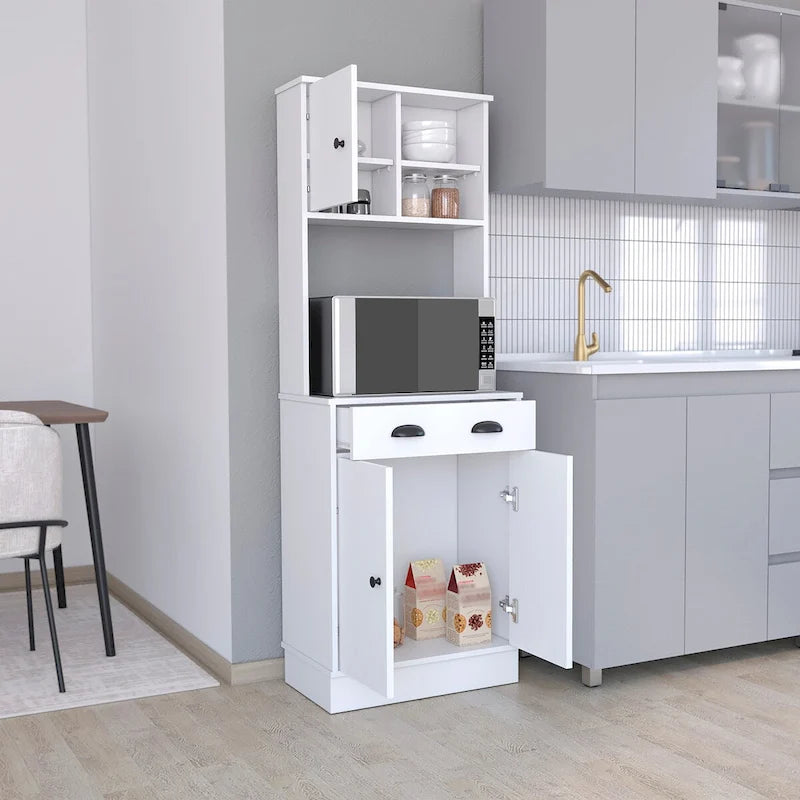 Meuble de rangement pour micro-ondes avec 3 portes et tiroir, finition blanc / macadamia