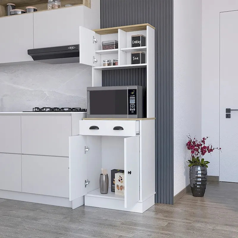 Meuble de rangement pour micro-ondes avec 3 portes et tiroir, finition blanc / macadamia