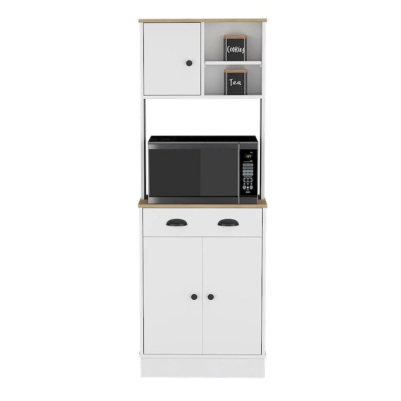 Meuble de rangement pour micro-ondes avec 3 portes et tiroir, finition blanc / macadamia